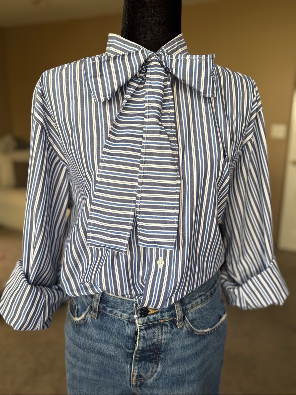 Upcycled Ralph Lauren Navy and White Striped Bow-Tie Button Down Shirt size L/XL